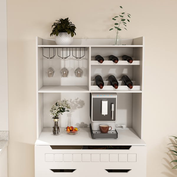 White Buffet Cabinet with Hutch - Modern Farmhouse Kitchen Storage Sideboard with 2 Drawers & Barn Doors, Coffee Bar Station or Liquor Cabinet for Dining Room, Living Room-5