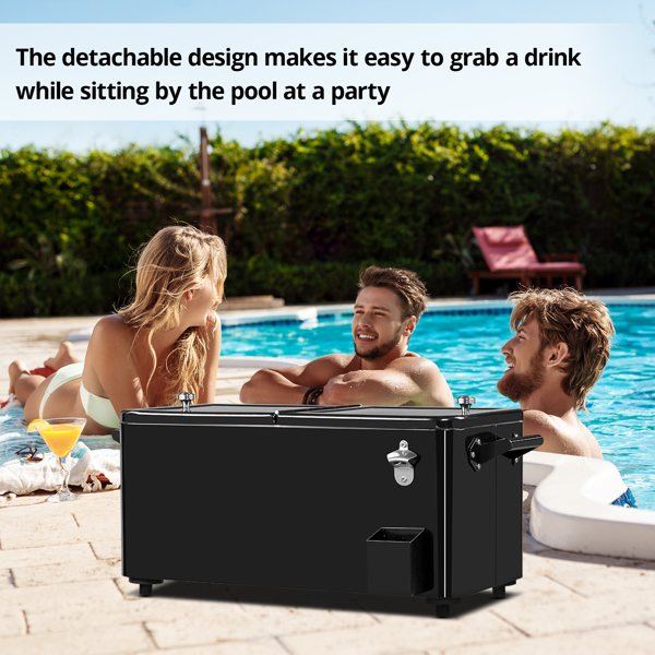 80 Quart Rolling Ice Chest, Portable Bar Drink Cooler with Catch Basin, Bottom Storage Tray and Bottle Opener for Patio Party BBQ Beach Activities-11