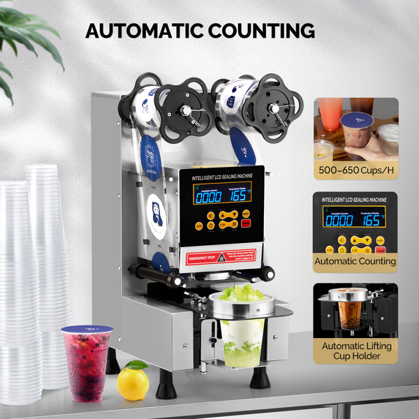 Cup Sealing Machine, Fully Automatic Cup Sealer Machine, Electric Cup Sealing Machine with LCD Intelligent Display for Bubble Milk Tea Coffee, 500-650 Cups/H, 88/89/90/95 mm Cup, Silver -7