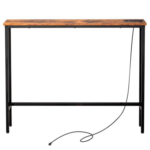 39.4" Narrow Console Sofa Table with Power Outlets and USB Ports, Skinny Couch Table with Metal Frame and Charge Station with 4.9ft Extension Cord, Rustic Brown-1