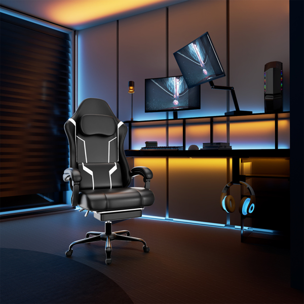 Ergonomic Gaming Chair, Video Game Chair with Pocket Spring Cushion and Footrest, Height Adjustable Computer Chair with Swivel Seat and Headrest (Faux Leather, Off-White)-7