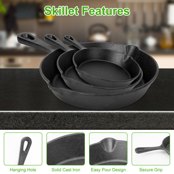 3pcs Pre-Seasoned Cast Iron Skillets, 8 In, 10 In, & 12 In Cast Iron Frying Pans With Handles, Safe Grill Cookware Set With Non-Stick Surface, Cast Iron Pans For Indoor & Outdoor Use-1