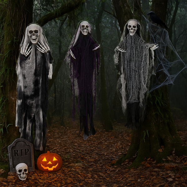 3 Pack Hanging Halloween Skeleton Ghosts Decorations, Grim Reapers for Best Halloween Outdoor Decorations-2