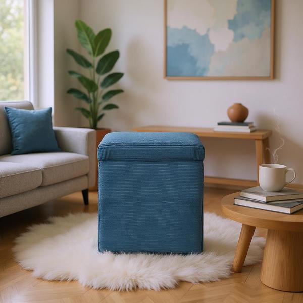 Blue Corduroy Storage Ottoman with Rubber Feet – Compact Soft Cube Seat, 42×42×44cm-1