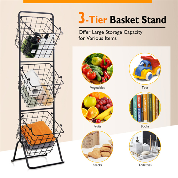 3-Tier Fruit Basket Stand - Removable Wire Bowls, Convertible to 1/2 Tier, Steel Frame with Non-Slip Pads, Black-10