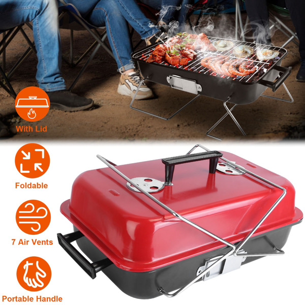 Portable Charcoal Grill Outdoor Tabletop Grill Small Barbecue Smoker Folding BBQ Grill with Lid for Backyard Camping Picnics Beach-5
