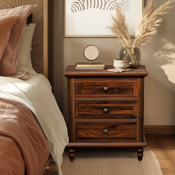 Brown P2 particle board with 3D paper + solid wood legs 63*44.5*68.5CM three drawers bedside table 1pcs-5