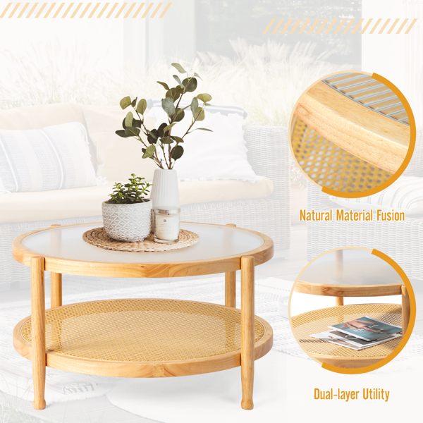 31.5in Rattan Coffee Table with Glass Top, Round End Table, Boho Style Side Table Sofa End Table for Living Room Balcony Patio, Natural-12