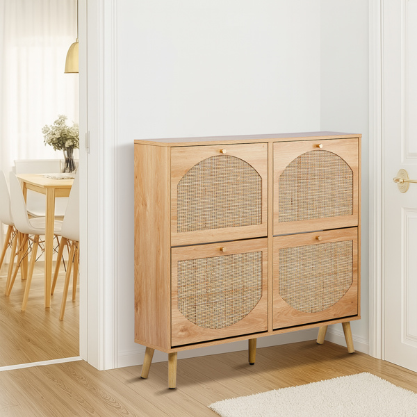 2 rows of 4 dump buckets with high feet arched rattan surface shoe cabinet density board with triamine 105*24*98cm original wood color-4