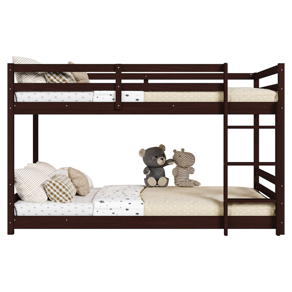 Brown painted pine twin wooden bed with head and tail cross rails, can be split into single bed or bunk bed-6
