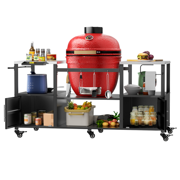 户外烧烤桌，适用于 Big Green Egg 式烧烤炉，金属烧烤车带储物盒，可兼容高达 Large Green Egg 的 Kamado Joe Jr-3