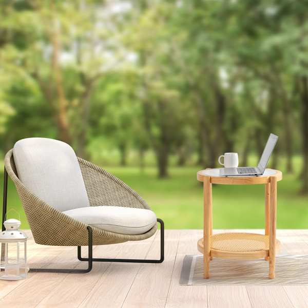 19.7in Rattan Coffee Table with Glass Top, Small Round End Table, Boho Style Side Table Sofa End Table for Living Room Balcony Patio, Natural-9