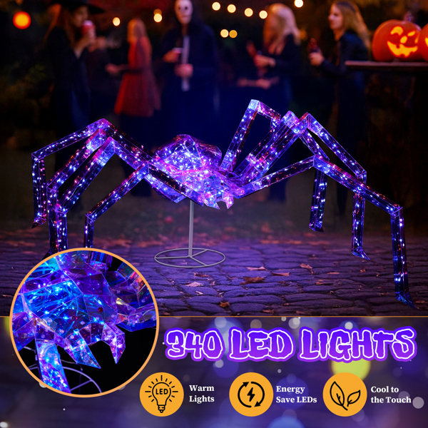3FT Halloween Decorations Light Up Spider, Outdoor Halloween Decor Lighted Iridescent Spider, Weather Proof Pre-lit Spider with 340 LED Lights, for Front Yard Porch Gardens Lawns Party-6