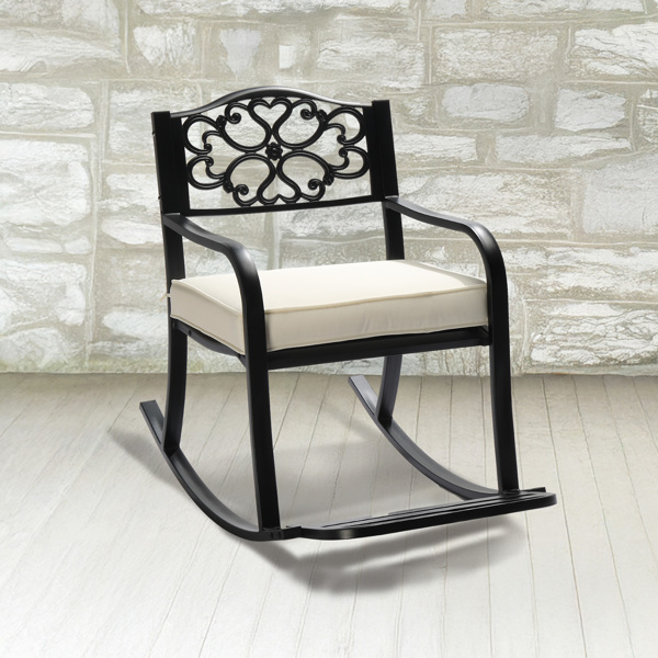 Metal Rocking Chair, Outdoor Rocking Bench with Cushion, Patio Rocker with Footrest, Weatherproof Rocking Chair for Outside, Patio, Garden, Flower Backrest-6