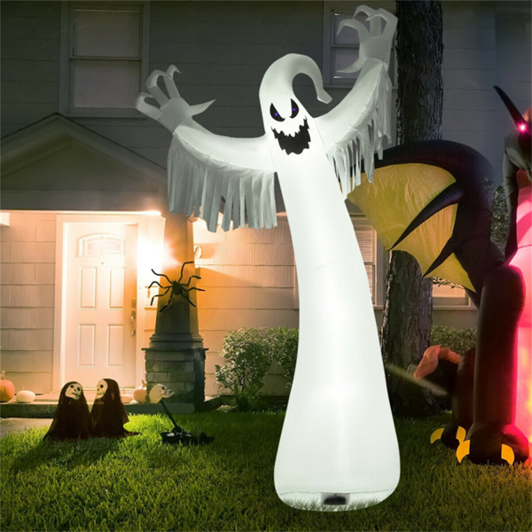 Spooky Halloween Inflatable Ghost - 12 ft Tall with LED Lights, Waterproof Fabric, Spikes/Ropes for Stability, White-10