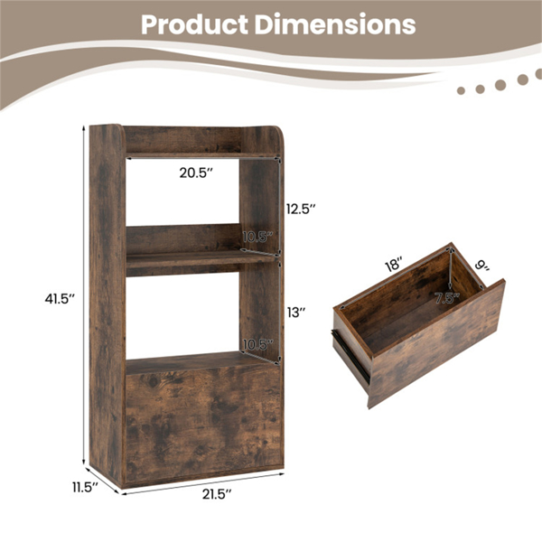 Rustic Brown Freestanding Bookshelf with 3-Tier Shelf -3