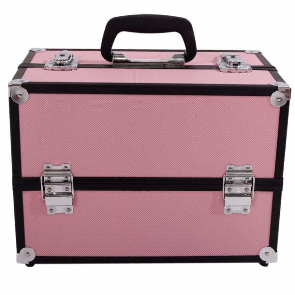 SM-2083 Aluminum Alloy Makeup Train Case Jewelry Box Organizer Pink-3