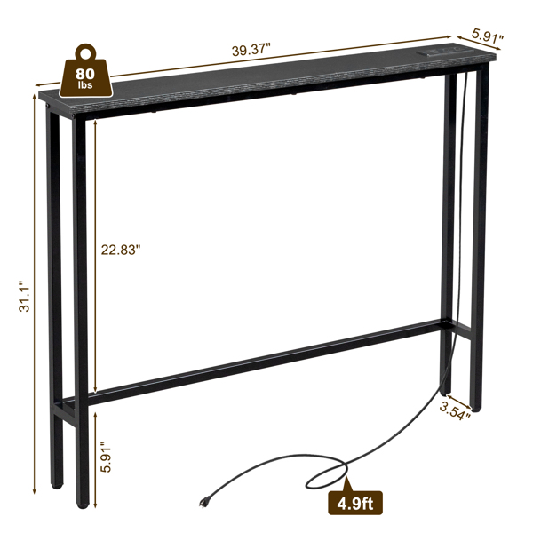39.4" Narrow Console Sofa Table with Power Outlets and USB Ports, Skinny Couch Table with Metal Frame and Charge Station with 4.9ft Extension Cord, Black-9