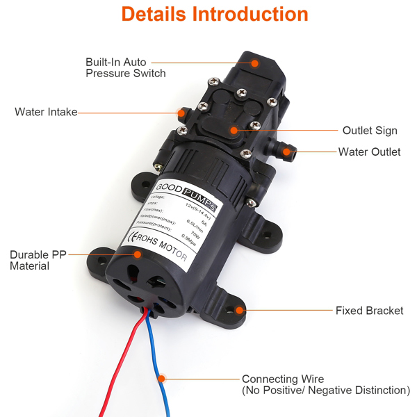 2PCS 12V Water Pump with 2 Hose Clamps 130PSI Self Priming Sprayer Pump 70W Electric Diaphragm Water Pump 6L/Min for RV Camper Marine Boat-8