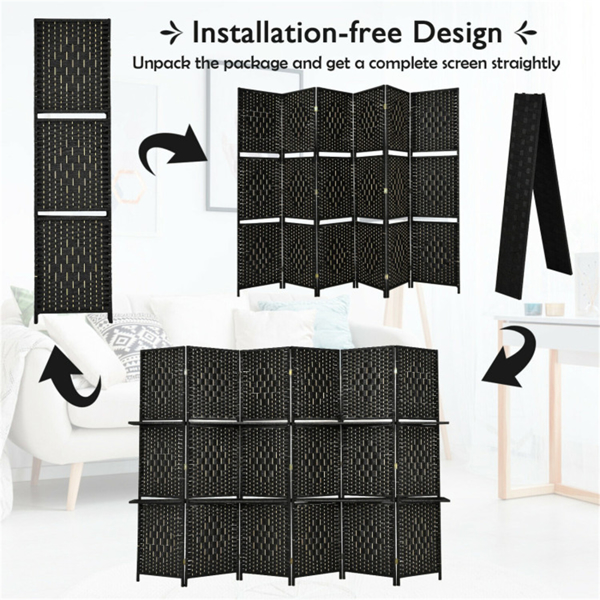 Foldable Room Screen with Storage Shelves - 106.5"x71" Max Size, Hand-Woven Fiber & Poplar Wood Frame, Black-4