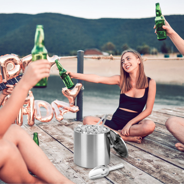  3L Ice Holder Ice Container Double-Wall Stainless Steel Insulated Ice Bucket 3L Ice Holder Ice Container with Lid Scoop Strainer Handle for Wine Champagne Beer Parties Cocktails-5
