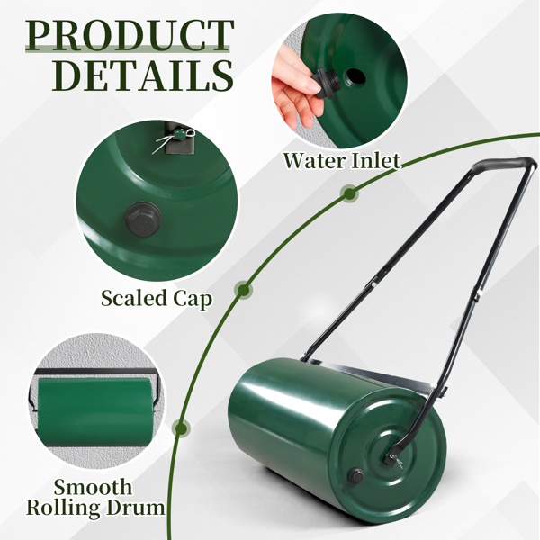 24in Heavy Duty Steel Lawn Roller, Garden Roller Can Be Filled with Water or Sand, Hand Roller with U-shaped Handle, Green & Black-17