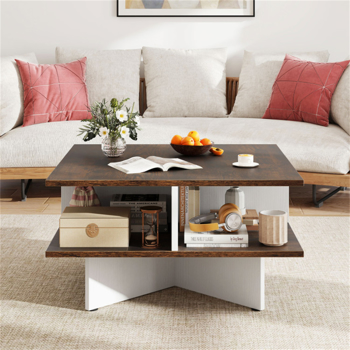 2-Tier Living Room Coffee Table - Square Design with 4 Storage Compartments
