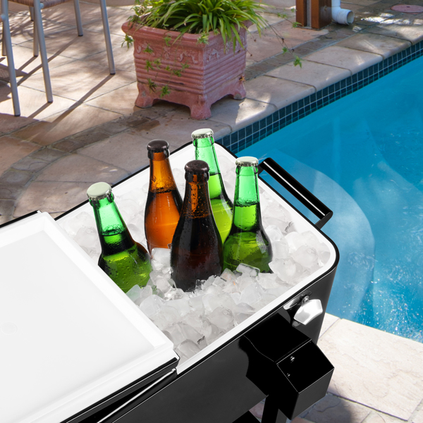 80 Quart Rolling Ice Chest, Portable Bar Drink Cooler with Catch Basin, Bottom Storage Tray and Bottle Opener for Patio Party BBQ Beach Activities-19