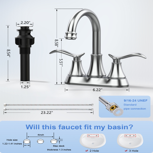 Bathroom Faucet Chrome with Pop-up Drain & Supply Hoses 2-Handle 360 Degree High Arc Swivel Spout Centerset[Unable to ship on weekends,usps/fedex]-4