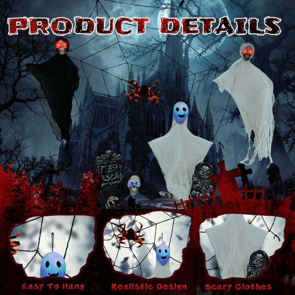 Outdoor Halloween Decorations 8-Piece Set, Hanging Ghosts Decor and Cobweb and Gravestone with Lighted Up Eyes, Scary Swinging Ghost Flying for Yard Patio Lawn Garden-5