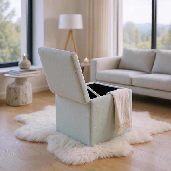 Beige Linen-Textured Storage Ottoman with Black Rubber Feet – Compact Square Seat with Hidden Storage, 42×42×44cm-4