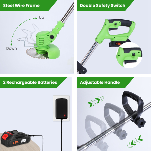 24V 300W Cordless Grass Trimmer Rechargeable Lawn Mower 18000M/Min Weed Cutter with Saw Blade 2 Stainless Steel Blades 10 Plastic Blades 2 Rechargeable Batteries Goggles Gloves-6