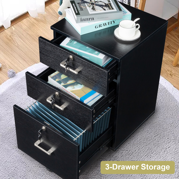Black Wood Grain Density Board Three Drawers Wooden Filing Cabinet-14