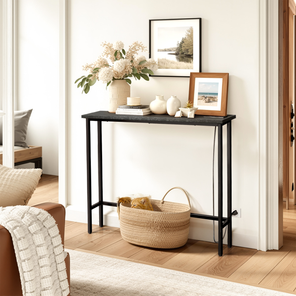 39.4" Narrow Console Sofa Table with Power Outlets and USB Ports, Skinny Couch Table with Metal Frame and Charge Station with 4.9ft Extension Cord, Black-4