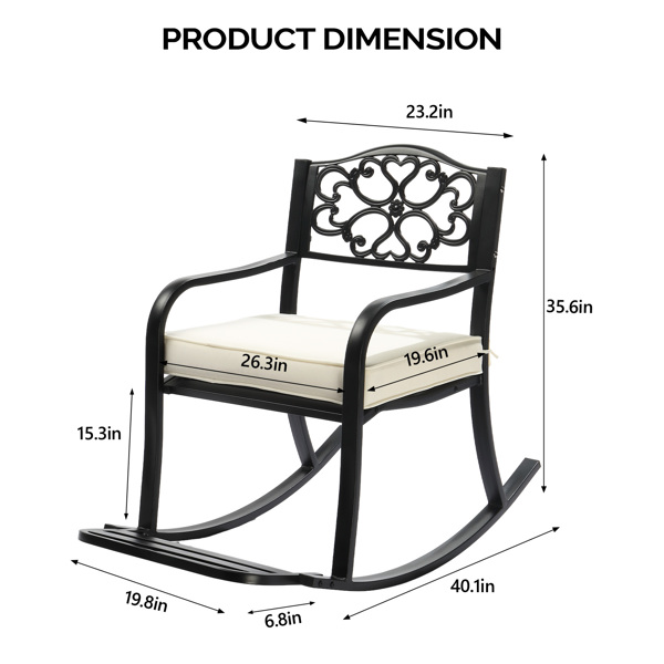 Metal Rocking Chair, Outdoor Rocking Bench with Cushion, Patio Rocker with Footrest, Weatherproof Rocking Chair for Outside, Patio, Garden, Flower Backrest-8
