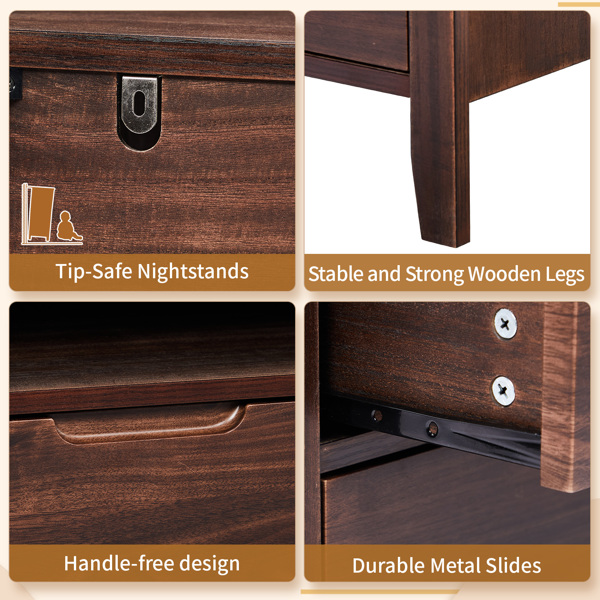 Brown P2 density board + solid wood veneer frame 75*40*61CM two drawers with upper compartment bedside table mid-century modern-22