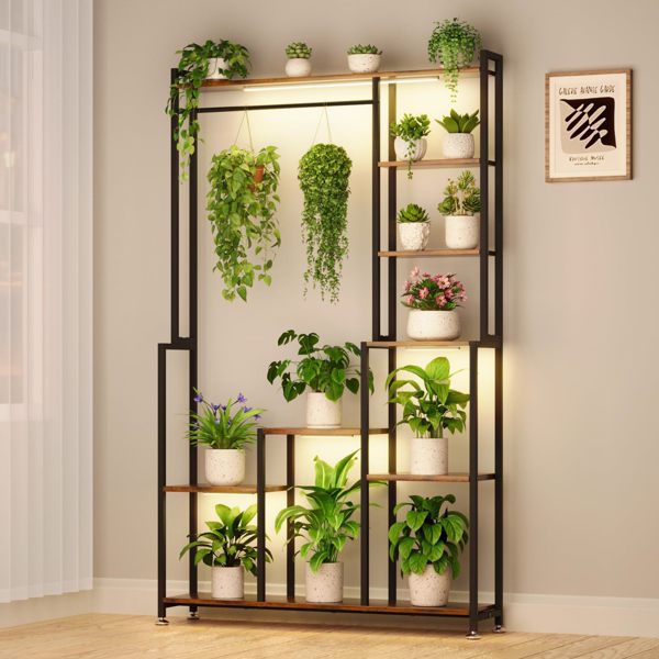 带生长灯的室内大型植物架，71 英寸高植物架，8 层重型金属植物架，方形花架展示架，适用于客厅、阳台、露台、花园-4