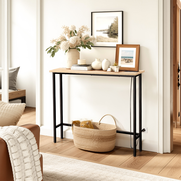 39.4" Narrow Console Sofa Table with Power Outlets and USB Ports, Skinny Couch Table with Metal Frame and Charge Station with 4.9ft Extension Cord, Oak-4