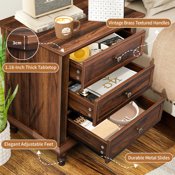 Brown P2 particle board with 3D paper + solid wood legs 63*44.5*68.5CM three drawers bedside table 1pcs-3