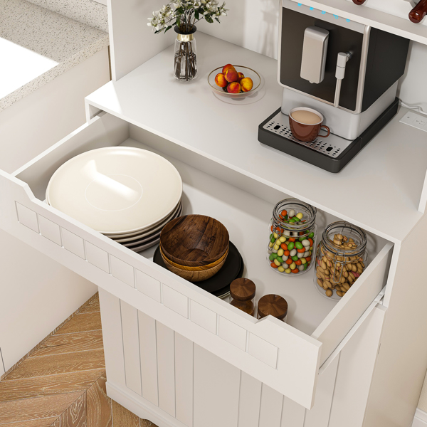 White Buffet Cabinet with Hutch - Modern Farmhouse Kitchen Storage Sideboard with 2 Drawers & Barn Doors, Coffee Bar Station or Liquor Cabinet for Dining Room, Living Room-11