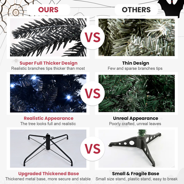 Artificial 7.5ft Black LED-lit Christmas Tree with 2156PE/PVC Mixed Branch Tips,Hinged Premium & Foldable Base for Indoor Holiday Decorating-5