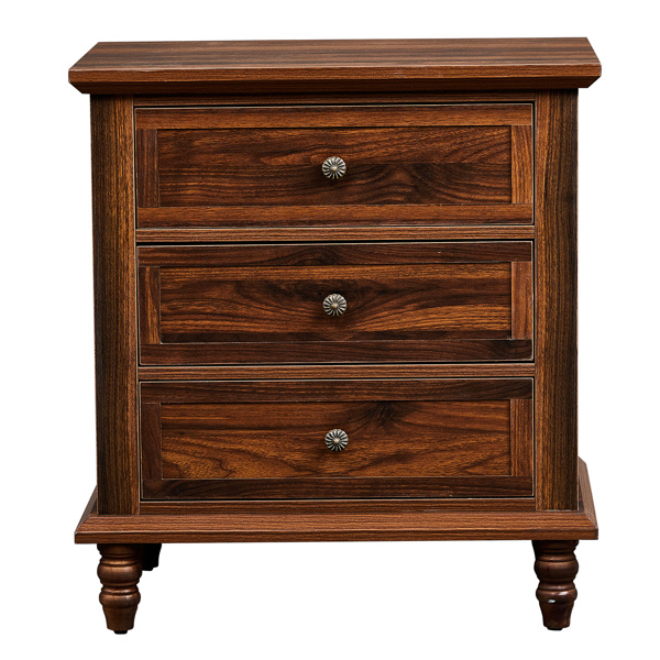 Brown P2 particle board with 3D paper + solid wood legs 63*44.5*68.5CM three drawers bedside table 1pcs-24