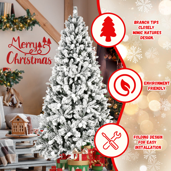 Artificial 8ft Flock Christmas Tree with 1793PE/PVC Mixed Branch Tips,Hinged Premium & Foldable Base for Indoor Holiday Decorating-6