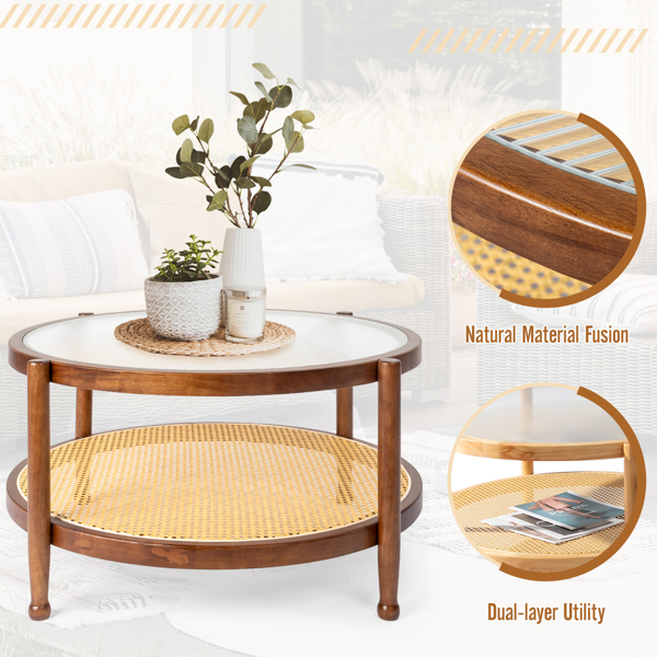 31.5in Rattan Coffee Table with Glass Top, Round End Table, Boho Style Side Table Sofa End Table for Living Room Balcony Patio, Walnut Finish-12