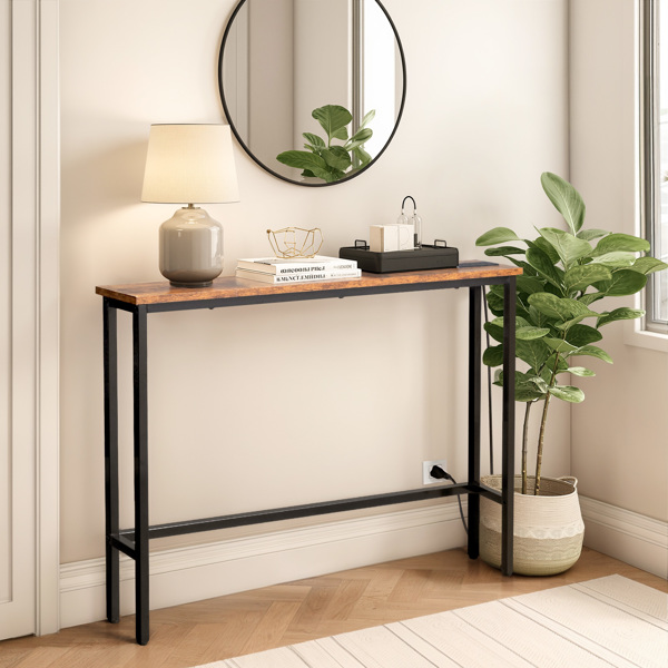 39.4" Narrow Console Sofa Table with Power Outlets and USB Ports, Skinny Couch Table with Metal Frame and Charge Station with 4.9ft Extension Cord, Rustic Brown-7