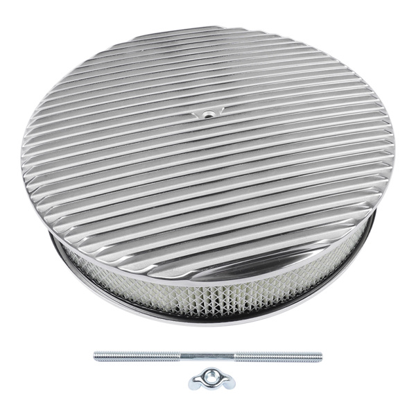 14" x 3" 14 Full Finned Aluminum Round Air Cleaner Air Filter Kit Polished with a Recessed Base and Paper Element Fits Single Quad Carburetors with 5-1/8" Neck 5" Steel Mounting Stud-1