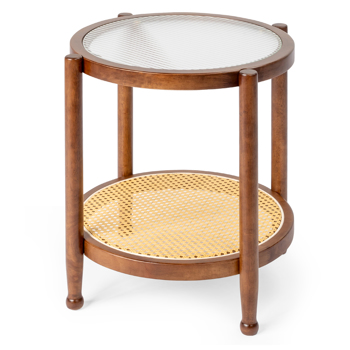19.7in Rattan Coffee Table with Glass Top, Small Round End Table, Boho Style Side Table Sofa End Table for Living Room Balcony Patio, Walnut