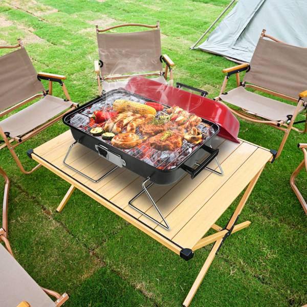 Portable Charcoal Grill Outdoor Tabletop Grill Small Barbecue Smoker Folding BBQ Grill with Lid for Backyard Camping Picnics Beach-3