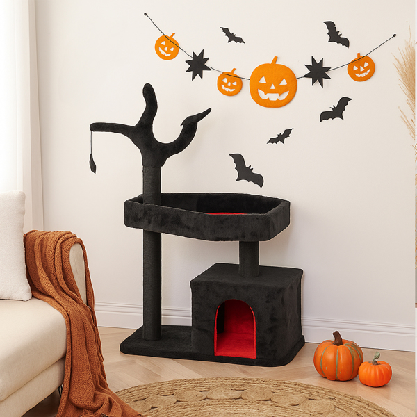 44.5" Heavy Duty Gothic Cat Tree Large Cat Tower Cat Tree for Indoor Cats Spacious Cat Condo Coffin for Large Cats Scratching Posts Hanging Ball Pet Activities Platform Cat Furniture-11