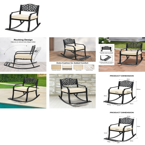Metal Rocking Chair, Outdoor Rocking Bench with Cushion, Patio Rocker with Footrest, Weatherproof Rocking Chair for Outside, Patio, Garden, Hole Backrest-2